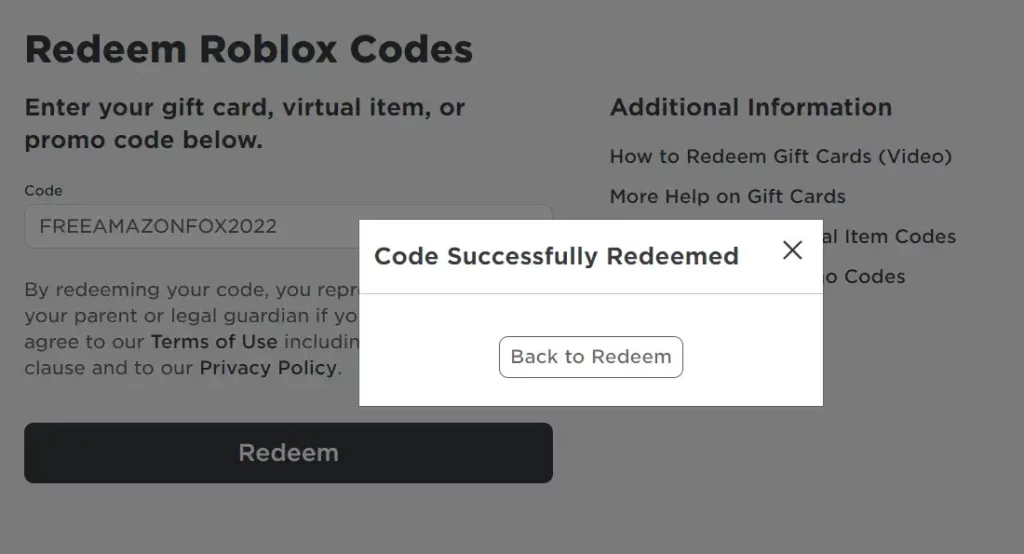 Успешный ввод кода в Roblox