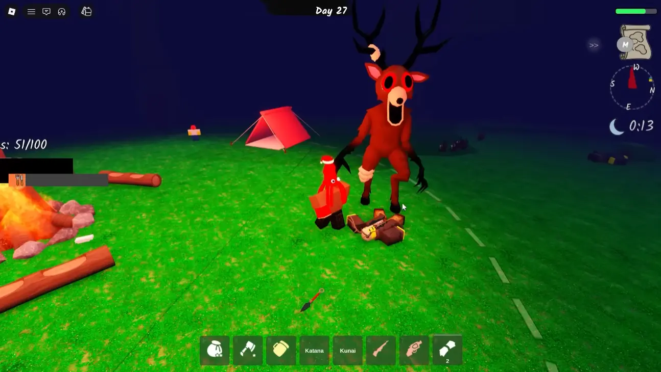Ночная встреча игрока с Оленем в игре 99 Nights in the Forest