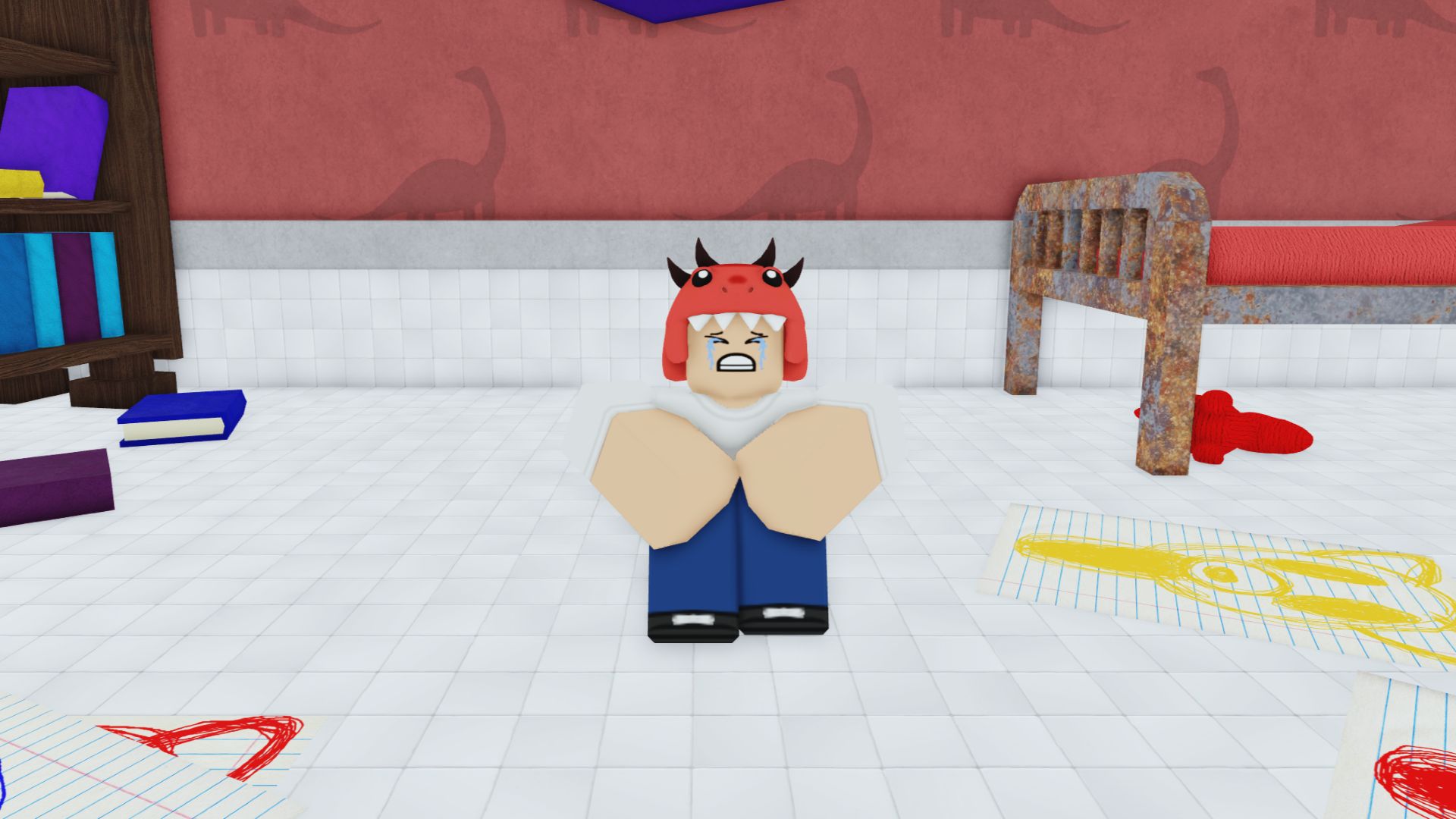 Дино в красной шапке динозавра сидит в комнате запертой пещеры в Roblox 99 Nights in the Forest