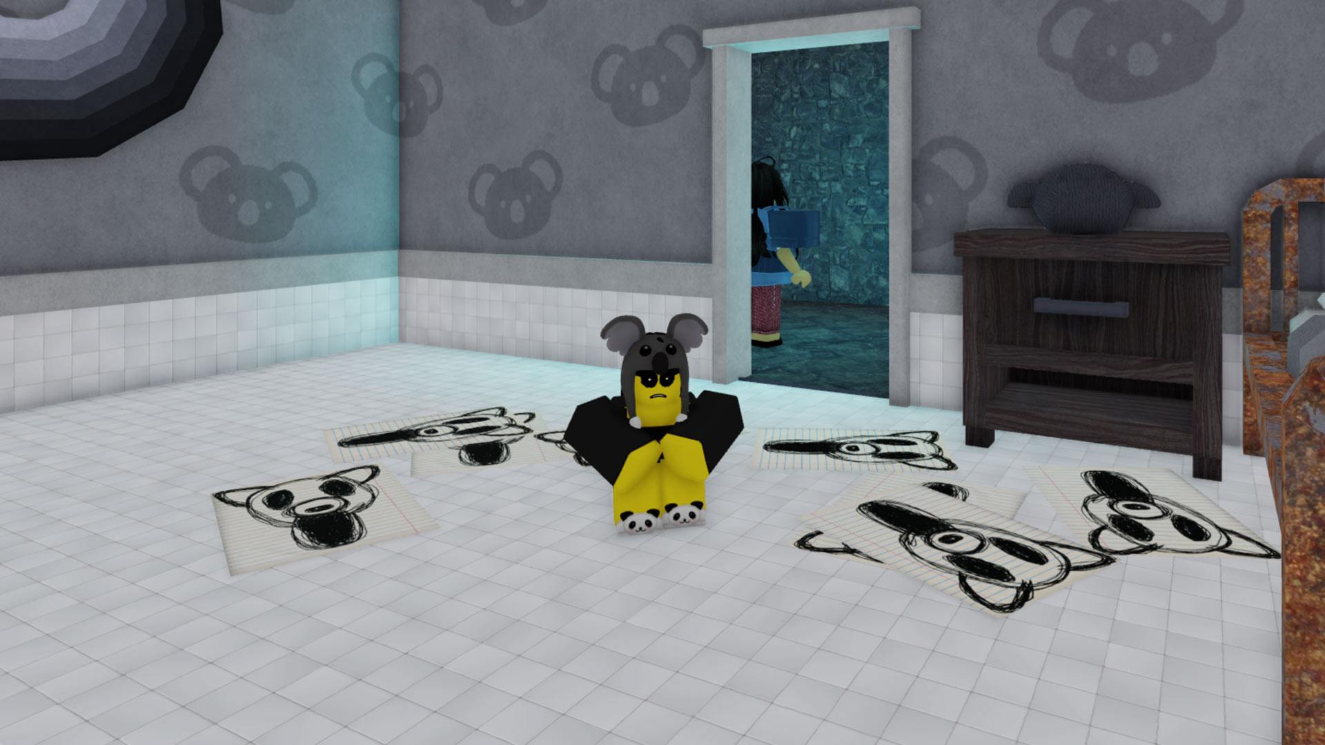 Коала (Koala Kid) сидит в серой комнате запертой пещеры в Roblox 99 Nights in the Forest