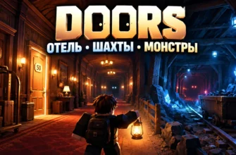 Обложка DOORS в Roblox: стилизованный коридор Отеля, Шахты с вагонеткой и надпись «Отель, шахты, монстры»