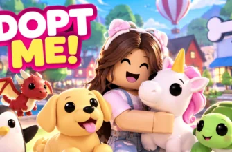 Обложка гайда Adopt Me в Roblox: персонаж с единорогом, собакой, пингвином, дракончиком и черепахой на фоне города