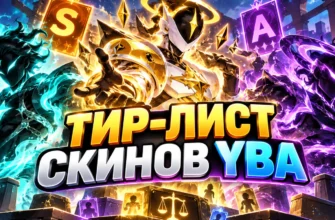 Художественная обложка тир-листа скинов YBA: три фантастических персонажа и уровни S, A и B
