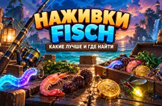 Наживки Fisch: рыболовные приманки, ящики, черви, креветки и магнит на стилизованной обложке гайда