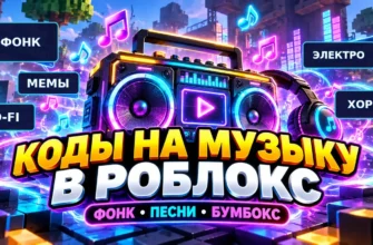 Стилизованная игровая обложка с бумбоксом, персонажами Roblox и музыкальными символами