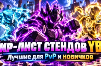 Тир-лист стендов YBA: три стилизованных боевых персонажа, подпись «Лучшие для PvP и новичков»